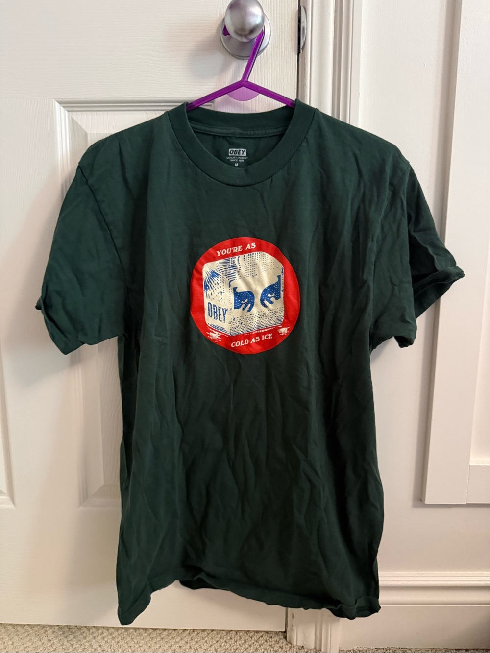 Obey Forest Green Short Sleeve Tee with Red & Blue Circular Graphic